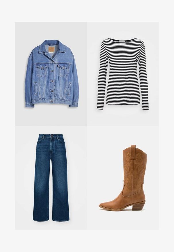Jachetă din denim albastru deschis cu guler cămașă, închidere cu nasturi, două buzunare la piept și buzunare laterale. Textură uzată și etichetă de marcă vizibilă.; Cămașă cu mânecă lungă și decolteu rotund, având un model în dungi alb-negru. Fabricată dintr-un material moale, cu o croială normală. Design curat și minimalist.; Jeans cu talie înaltă și picioare largi, din denim albastru închis, cu o textură netedă, cusături în contrast și design cu cinci buzunare. Închidere frontală cu nasture.; Botă de cowboy din piele maro cu vârf ascuțit, cu modele brodate în spirală pe tambur și un toc bloc stratificat. Are o bucată pentru prindere pentru a fi îmbrăcată ușor.