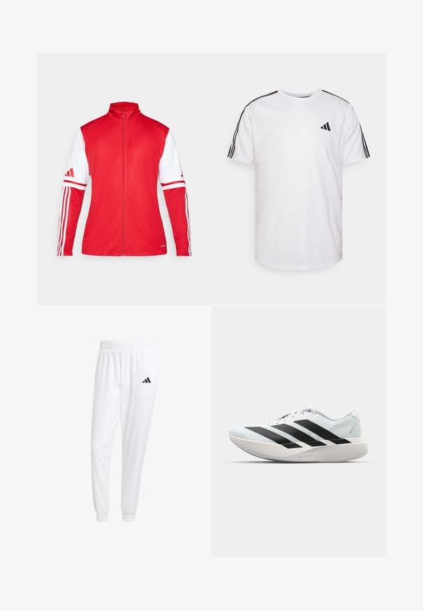 Rød idrettsjakke med høy krage, full glidelås og hvite ermer. Har tre vertikale striper på hver erme og en strukturert overflate.; Hvit t-skjorte laget av bomull med rund hals, korte ermer, og svarte tre-stripe detaljer på skuldrene; har en liten svart logo.; Hvite treningsbukser laget av glatt stoff, med elastisk midje og tettsittende mansjetter, med en svart logo på baklommen.; Lette løpesko i lys blå med svarte striper. Har en myk overdel, rund tå og tykk hvit mellomsole merket "LIGHTSTRIKE PRO."