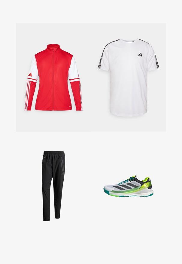 Červená sportovní bunda s vysokým límcem, plným zipem a bílými rukávy. Na každém rukávu má tři svislé pruhy a strukturovaný povrch.; Bílý bavlněný tričko s kulatým výstřihem, krátkými rukávy a černými třemi pruhy na ramenou; má malé černé logo.; Černé sportovní kalhoty s elastickým pasem, dvěma zipovými bočními kapsami, zúženými nohavicemi a decentním logem na boku.; Šedé a černé sportovní boty s zelenými akcenty a síťovaným svrškem. Mají tři černé pruhy a texturovanou podrážku pro lepší trakci.