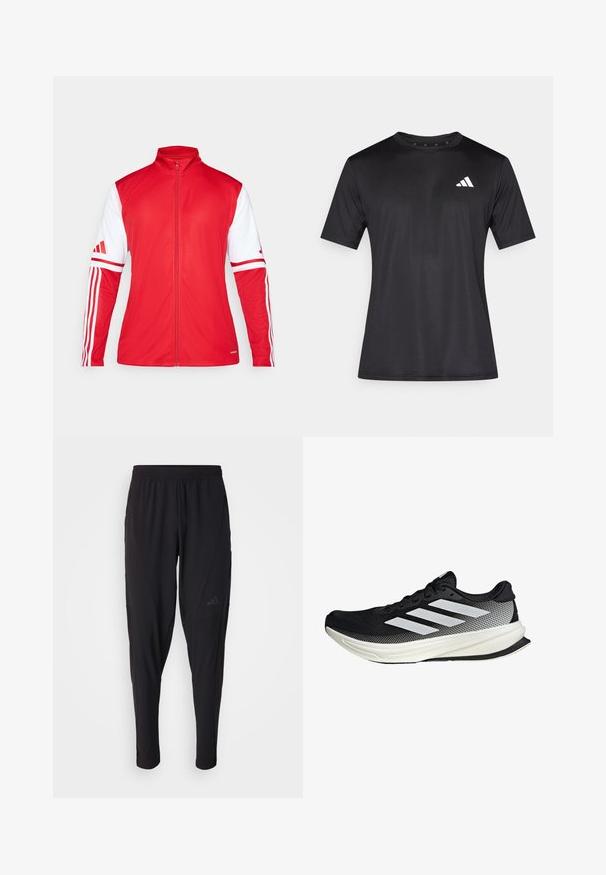 Rode sportjack met een hoge kraag, volledige rits en witte mouwen. Bevat drie verticale strepen op elke mouw en een textuurafwerking.; Zwart sport T-shirt van lichtgewicht meshstof, met korte mouwen en een wit logo op de linkerborst.; Zwarte sportbroek met een elastische tailleband, taps toelopend ontwerp, zijzakken en subtiele logodetails. Gemaakt van flexibele, ademende stof.; Zwarte sportieve schoen met een mesh ontwerp, voorzien van witte strepen, een ronde neus en een gestructureerde zool voor grip en ondersteuning.