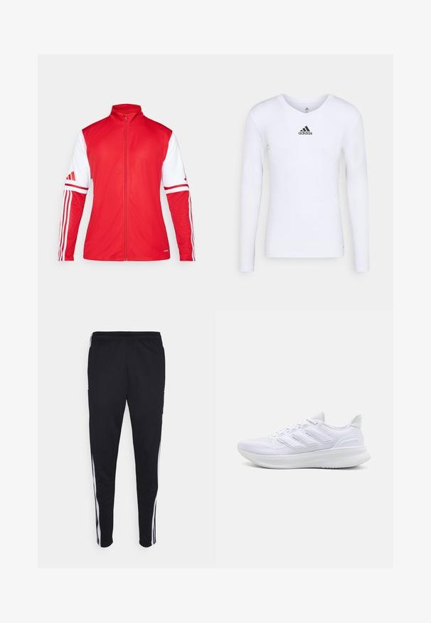 Chaqueta deportiva roja con un cuello alto, cremallera completa y mangas blancas. Presenta tres rayas verticales en cada manga y un acabado texturizado.; Camiseta deportiva de manga larga blanca, fabricada con material suave, que presenta un logo negro de Adidas en el pecho; diseño de cuello en V y forma ajustada.; Pantalones deportivos negros con un ajuste relajado, que cuentan con franjas laterales blancas, una cintura con cordón y dos bolsillos laterales. Hechos de tela suave.; Zapatillas deportivas blancas con una parte superior de malla texturizada, suela acolchada y soporte, y un diseño de tres rayas en el lateral.