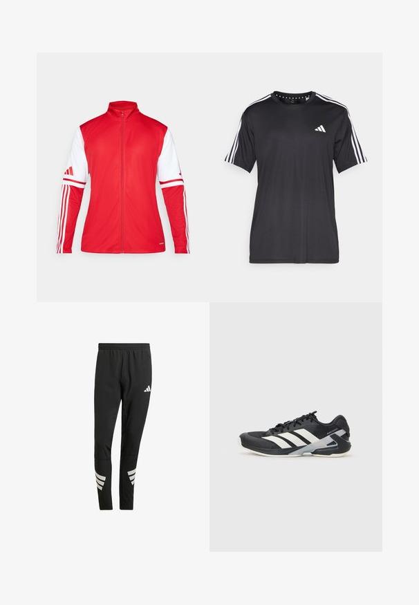 Sarkans sporta žakets ar augstu apkakli, pilnu rāvējslēdzēju un baltām piedurknēm. Iezīmē trīs vertikālas svītras uz katras piedurknes un teksturētu apdari.; Melna īsām piedurknēm t-krekls ar baltu trīs svītru dizainu uz pleciem un logotipu uz krūškurvja. Izgatavots no elpojoša auduma, gluda tekstūra.; Melnas sporta bikses ar elastīgu jostu, kas aprīkotas ar atstarojošiem baltiem akcentiem svītru rakstā apakšējās daļās. Izgatavotas no gludas auduma.; Melnas sporta kurpes ar baltām svītrām, acs augšdaļa, noapaļots pirksts un mīksts zole. Iespējams ar teksturētu papēdi un drošu šņoru sistēmu.