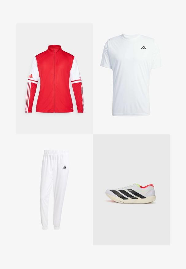 Rote Sportjacke mit höherem Kragen, durchgehendem Reißverschluss und weißen Ärmeln. Sie verfügt über drei vertikale Streifen an jedem Ärmel und hat eine strukturierte Oberfläche.; Weißes kurzärmeliges sportliches T-Shirt aus leichtem Stoff mit einem schwarzen Adidas-Logo auf der oberen linken Brust.; Weiße Sporthose aus glattem Stoff, mit einem elastischen Bund und enganliegenden Bündchen, mit einem schwarzen Logo auf der Gesäßtasche.; Weißer Sportschuh mit schwarzen Streifen, neongrünen Akzenten und einer roten Ferse. Hat ein leichtes Design und eine strukturierte Sohle für besseren Grip.