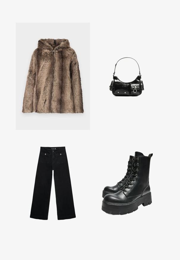 Fuskepelsfrakke i brune nuancer med hætte, blød tekstur og løs pasform. Stoffet har hår i forskellige længder for detaljer.; Hvid langærmet t-shirt lavet af ribbet stof med rund halsudskæring og lige skæring i kanten. Enkel, ensfarvet design.; Sorte vidde jeans med høj talje, der har to forlommer og metalknapdetaljer. Stoffet har en glat tekstur.; Bershka TRACK - Plateaustøvletter - black; Sort patenteret læder håndtaske med en buet form, en skulderrem, frontlommer og hardware accenter i sølvfarve.