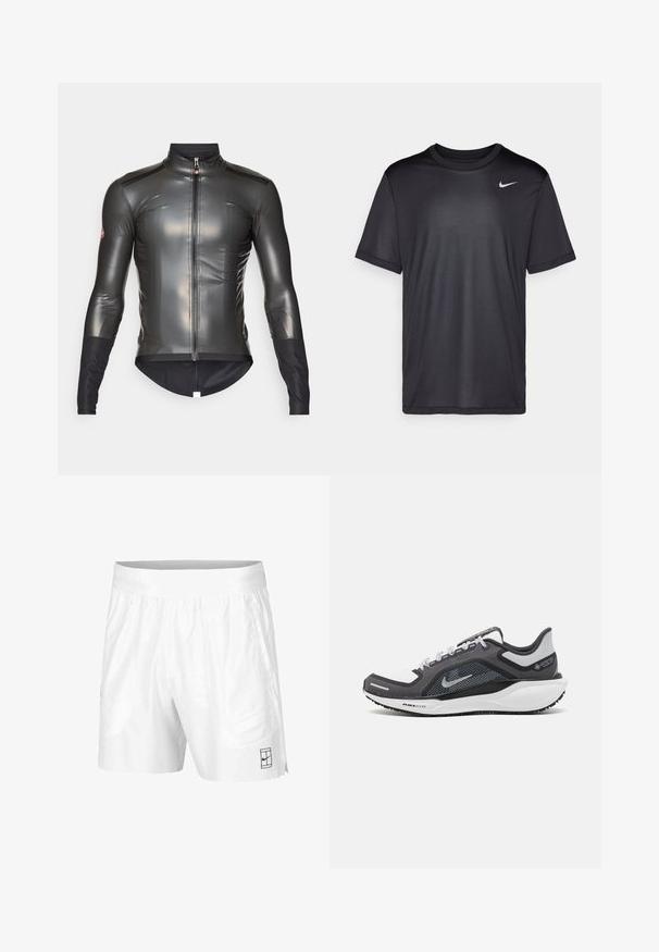 Sort cykeljakke med lange ærmer, slank design, glat tekstur, høj krave, fuld frontlynlås og sorte stofdetaljer ved ærmerne.; Sort atletisk T-shirt med korte ærmer, rund hals, lavet af glat stof. Har et lille hvidt Nike-logo på øverste venstre side.; Hvide atletiske shorts lavet af letvægtsstof med elastisk talje, der har to sidelommer og et lille sort logo på kanten.; Sort og grå atletisk sko med en mesh-overdel, reflekterende detaljer og en hvid mellemsål. Har en tekstureret gummisål og snørebånd.