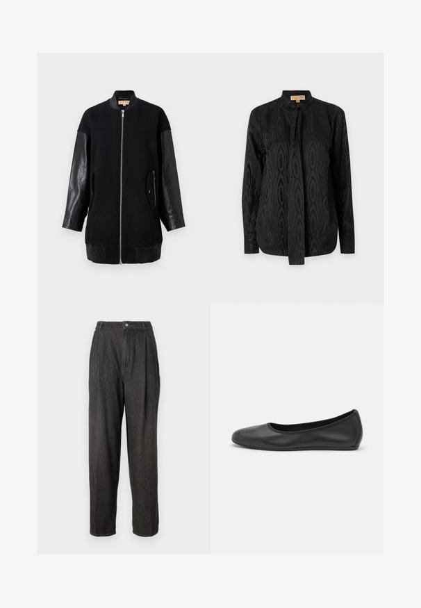 Black bomber jacket featuring a wool body and leather sleeves, with a front zipper, two side pockets, and ribbed hem and cuffs.; Black blouse made of smooth fabric, featuring a subtle tonal pattern, long sleeves, a stand-up collar, and a tie closure at the neck.; Dark grey denim trousers with a high waist, pleats at the front, straight legs, and a single button closure at the waistband.; Black leather ballet flat with a rounded toe, smooth texture, minimal stitching detail, and a flexible sole design.