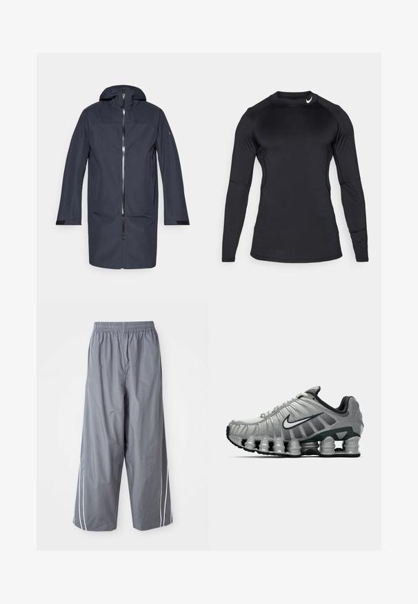 Marineblauwe lange waterdichte jas met capuchon, voorrits, zijzakken en verstelbare polsbanden.; Zwart sportshirt met lange mouwen, gemaakt van gladde, rekbare stof met een ronde halslijn en een discreet logo op de bovenste linkerkant.; Grijze, lichte, synthetische broek met wijde pijpen, een elastische tailleband en witte zijkanten. Glide textuur met een casual ontwerp.; Grijze en zwarte Nike hardloopschoen met zichtbare veerachtige demping onder de zool en een wit swoosh-logo aan de zijkant.