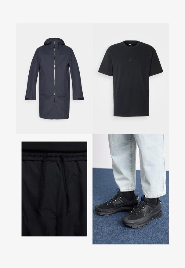 Casaco longo impermeável azul-marinho com capuz, fecho frontal, bolsos laterais e tiras ajustáveis nos pulsos.; T-shirt de algodão preto da Nike com um clássico decote redondo, mangas curtas e um logótipo em relevo discreto no peito. Textura suave.; Calções pretos com um cós elástico ajustável, fabricados em tecido leve com uma textura suave e um design simples, sem logótipos ou padrões visíveis.; Sapatilhas desportivas pretas com tecido texturizado e solas em borracha, apresentando atacadores elásticos e um detalhe azul no calcanhar. Usadas com calças de ganga claras.