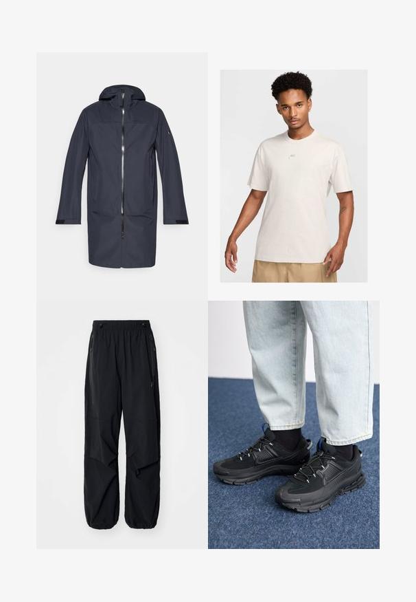 Navy blue long waterproof jacket with hood, front zipper, side pockets, and adjustable wrist straps.; Man with short curly hair wears beige Nike t-shirt and khaki shorts, facing forward against plain light background.; Black lightweight cargo pants with an elastic waistband, side zippers, and spacious pockets. Features a loose fit and tapered cuffs.; Black athletic shoes with textured fabric and rubber soles, featuring elastic laces and a blue accent on the heel. Worn with light denim pants.