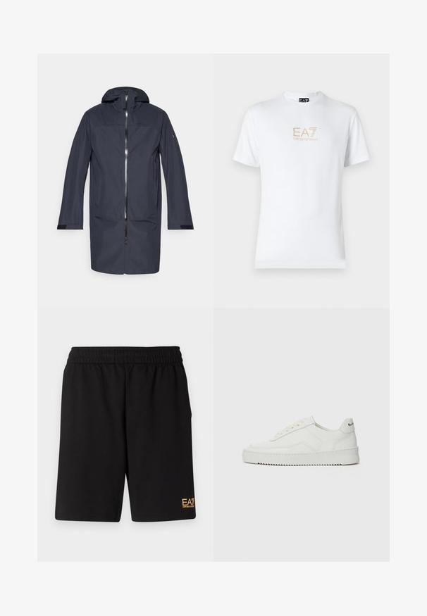 Tumed sinine pikk veekindel jakk, millel on kapuuts, esipitse, küljetaskud ja reguleeritavad randme rihmad.; Valge puuvillane T-särk, millel on ümmargune kaelus ja lühikesed varrukad, ning mille esiosal on kuldne EA7 Emporio Armani logo.; Mustad mustad lühikesed püksid, mis on valmistatud pehmest kangast. Omavad elastset vöökohta ja väikest kollast EA7 logo vasakul jalal.; Valge nahast tennis, millel on sile põhi, ümar varvas, lamedad nöörid ja tekstuuriline tall. Sisaldab diskreetset logo kontsaribal.