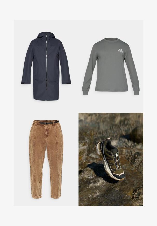 Marineblauwe lange waterdichte jas met capuchon, voorrits, zijzakken en verstelbare polsbanden.; Grijze langemouwen shirt van stof, met een ronde hals en een wit grafisch logo op de linker borst. Soepele textuur en eenvoudig ontwerp.; Bruine corduroy broek met een gestructureerd oppervlak, voorzien van een zwarte verstelbare riem, zijzakken en een relaxed fit. De broek tapert naar de enkels toe.; Wandelshoe in olijfgroen en zwart met roze accenten. Beschikt over een gestructureerd bovenwerk, flexibele zool, versterkte neuzen, en een kleurrijk vetersysteem.