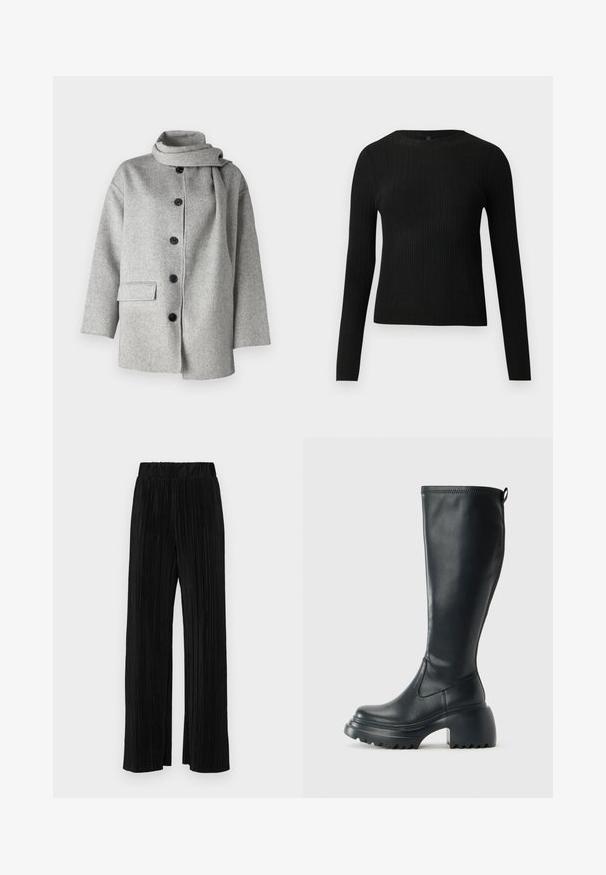 Grau melierter Wollmischmantel mit hohem Kragen, vorderer Knopfleiste und einer seitlichen Tasche; zeichnet sich durch eine weiche Textur und ein minimalistisches Design aus.; Schwarzer, gerippter, langärmliger, taillierter Pullover mit Rundhalskragen, vor einem schlichten, hellen Hintergrund präsentiert.; Schwarze plissierte Hose mit elastischem Bund. Verfügt über weite Hosenbeine und einen glatten, strukturierten Stoff mit vertikalen Streifen.; Hoher schwarzer Lederstiefel mit einer robusten Plateausohle und Blockabsatz, der über eine Zuglasche und ein strukturiertes Profil an der Außensohle verfügt.