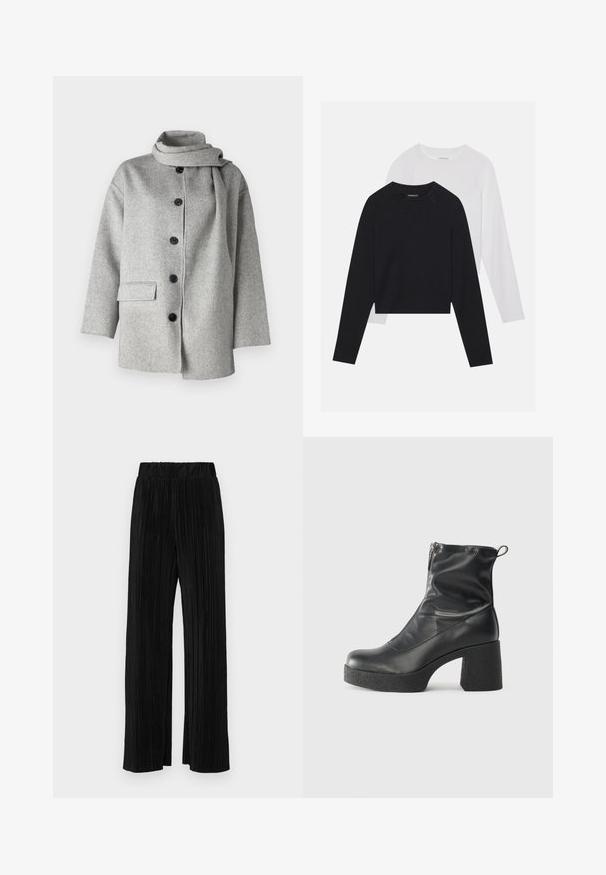 Cămașă din lână gri, cu guler înalt, închidere cu nasturi în față și buzunar lateral; prezintă o textură moale și un design minimalist.; Două cămăși cu mâneci lungi: una neagră și una albă. Ambele au guler rotund, mâneci raglan și sunt realizate dintr-un amestec moale de bumbac.; Pantaloni negri plisati cu talie elastică. Prezintă picioare largi și un material neted, texturat, cu dungi verticale.; Bocanci negri de glezna din piele netedă, cu fermoar lateral, toc texturat și masiv, și design cu vârf rotund.