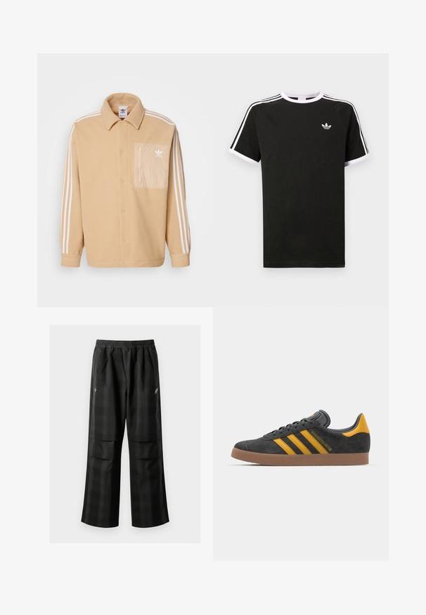 adidas Originals ADICOLOR POLAR FLEECE - Fleecová bunda - magic beige; Černé tričko vyrobené z bavlny s bílými akcenty. Má krátké rukávy, raglánový střih a malé logo na hrudi. Tři bílé pruhy na ramenou.; Černé kostkované kalhoty s elastickým pasem, dvěma předními kapsami a volným střihem se rovnými nohavicemi. Vyrobeny z lehkého materiálu.; Černé semišové tenisky se žlutými akcenty, vybavené třemi pruhy a hnědou gumovou podrážkou. Obsahují polstrovaný jazyk pro pohodlí.