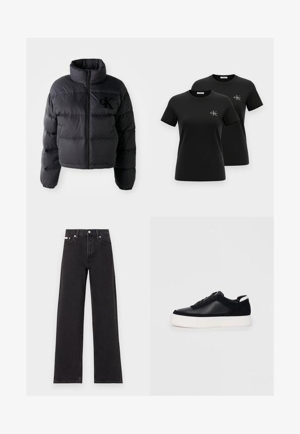 Černá péřová bunda, zkrácený design s vysokým límcem, s vodorovně prošívanými sekcemi a předním zipem. Vyšívané logo na prsou.; Dvě černá trička s krátkým rukávem a kulatým výstřihem, s malými šedými logy "CK Calvin Klein" na levé straně hrudi, vystavená na bílém pozadí.; Černé široké jeansy vyrobené z denimu, s vysokým pasem, pěti kapsami a kovovým zapínáním s kontrastním prošíváním.; Černé sneakersy s hladkou kůží a semišovými panely, plochými šňůrkami, zaoblenou špičkou a bílou gumovou podrážkou. Výrazné logo na patě.
