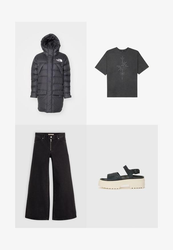 Casaco puffer preto com capuz, apresentando um design acolchoado, dois bolsos frontalmente e um logótipo branco da marca no lado esquerdo superior.; T-shirt oversized cinza escuro feito de algodão, apresentando um gráfico central do sol com detalhes de linhas intrincadas impressos na frente.; Calças de ganga de perna larga em denim preto com fecho éclair à frente, design de cinco bolsos e detalhes de costura subtil. Textura suave e estilo casual.; Sandálias de plataforma em camurça preta com uma sola branca e grossa, tiras frontais largas e fivela ajustável no tornozelo. Sola texturizada para melhor aderência.
