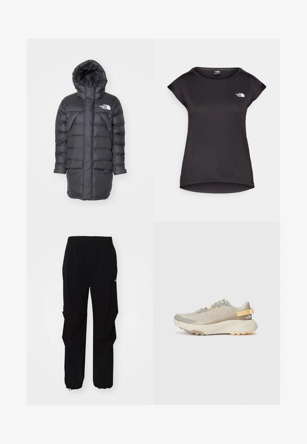 Čierna prešívaná bunda s kapucňou, má prešitý dizajn, dve predné vrecká a biele logo značky na pravej hornej strane.; The North Face TANKEN TANK - Športové tričko - black; Čierne vonkajšie nohavice vyrobené z odolného materiálu, s voľným strihom, elastickým pásom a sťahovacími manžetami pre nastaviteľnú dĺžku.; Svetlo béžová bežecká obuv s textúrovaným sieťovaným zvrškom, so sivými akcentmi, odolnou gumovou podrážkou a zadným pútkom pre ľahké obúvanie.