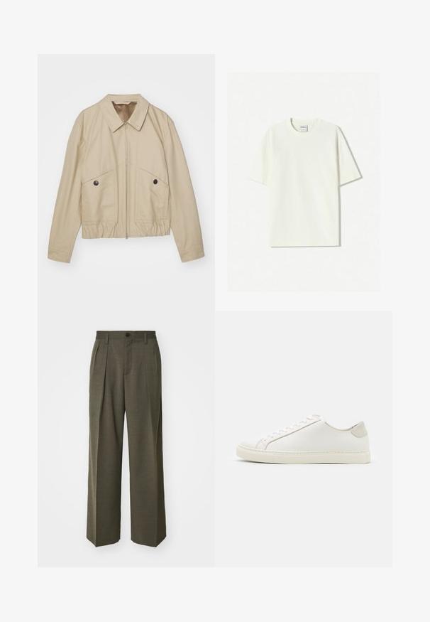 Beige letvægtsjakke med spids krave, frontlynlås, to store lommer og elastisk talje. Glat tekstur med et minimalistisk design.; Hvid oversized bomulds-T-shirt med rund hals, korte ærmer og et mærke syet ind i halsudskæringen. Glat tekstur, minimalistisk design.; Filippa K WIDE TROUSERS - Bukser - driftwood; Hvide lædersneakers med en glat overflade, rund tå og minimalistisk design. Funktioner i beige nuancer på hælen og en gummisål.