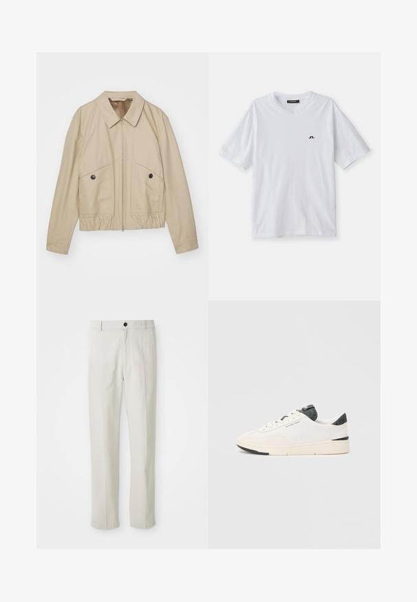 Beige lightweight jacket with a pointed collar, front zipper, two large pockets, and elastic waist. Smooth texture with a minimalist design.; White cotton t-shirt with a crew neck and short sleeves, featuring a small black logo on the chest. Smooth texture and relaxed fit.; Beige straight-leg pants with belt loops, front button, and zip closure, displayed flat on a white background.; White sneaker with perforated mesh sides, soft suede toe, dark textured accents at heel and tongue, and a rubber sole.