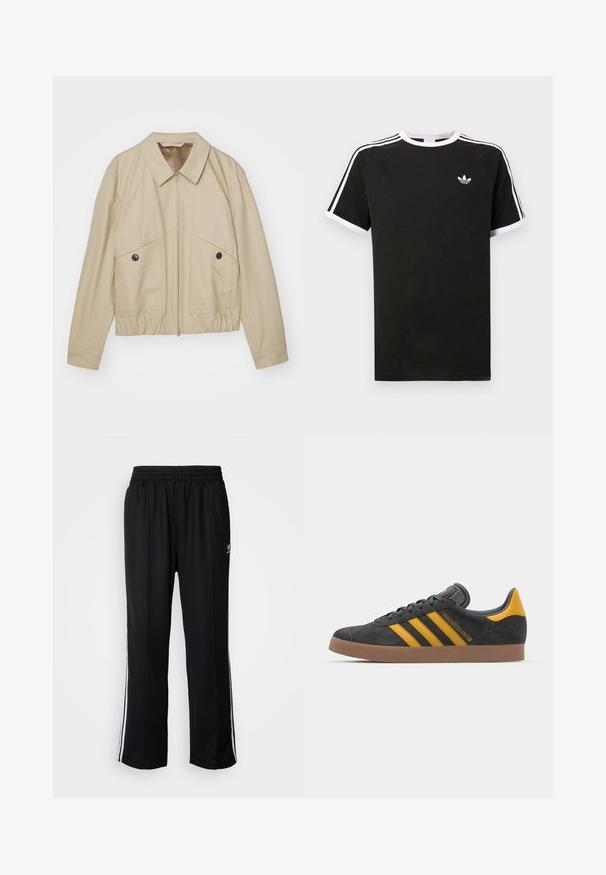 Beige letvægtsjakke med spids krave, frontlynlås, to store lommer og elastisk talje. Glat tekstur med et minimalistisk design.; Sort t-shirt lavet af bomuld med hvide accenter. Har korte ærmer, raglan-design og et lille logo på brystet. Tre hvide striber på skuldrene.; Sorte træningsbukser med elastisk talje, der har hvide sidestænger og et lille logo. Materialet ser blødt og let ud.; Sort suedet sneaker med gule accenter, der har tre striber og en brun gummisål. Inkluderer en polstret tunge for komfort.