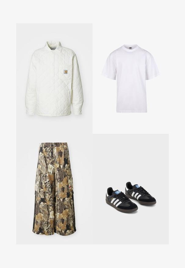 Kviltet hvit jakke med krage, knappelukking foran, og en brystlomme med en kontrastfarge logo-patch. Glatt tekstur og avslappet passform.; Hvit bomulls t-skjorte med rund hals, korte ermer og avslappet passform. Har et ensfarget design uten mønstre eller detaljer.; Kamo cargo bukser i brun og beige med bladmønstre, elastisk talje, sidelommer og sorte side striber. Letvægtigt stof.; Svarte sneakers med overdel i semsket lær og syntetisk materiale, med tre hvite striper, strukturert gummisåle og blå logoetikett på tungen.