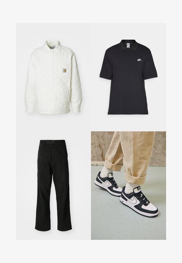 Giacca bianca trapuntata con colletto, chiusura con bottoni e taschino sul petto con un logo in contrasto. Texture liscia e vestibilità comoda.; Polo nero in cotone, con colletto a due bottoni, maniche corte e logo Nike bianco sul lato sinistro del petto.; Jeans neri a gamba dritta con chiusura a bottoni, passanti per cintura e tasche frontali su uno sfondo bianco semplice.; Sneakers Nike Air Force 1 nero e bianco con tomaia in pelle, punta perforata e dettaglio della suola testurizzata, indossati con pantaloni beige arrotolati e calze bianche.