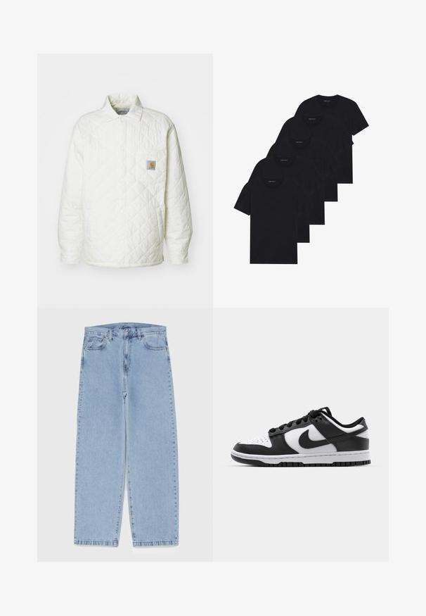 Quilted white jacket with a collar, button front, and a chest pocket featuring a contrasting logo patch. Smooth texture and relaxed fit.; Pack of five black crew-neck t-shirts. Short sleeves, cotton material, standard fit. Smooth texture with no visible patterns or embellishments.; Light blue denim jeans with straight leg design, featuring a mid-rise waist, five pockets, and a button and zipper closure.; Black and white Nike Dunk sneakers featuring a leather upper, perforated toe, black laces, and a black rubber sole with tread design.