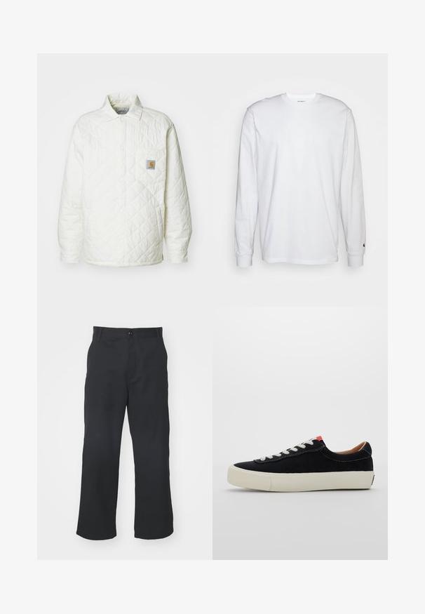 Gepolsterte weiße Jacke mit Kragen, Knopfleiste und einer Brusttasche mit einem kontrastierende Logo-Patch. Glatte Textur und lässige Passform.; Weißes Langarm-T-Shirt aus Baumwolle. Rundhals-Design mit gerippten Bündchen und kleinem Logo auf dem linken Ärmel. Glatte Textur.; Schwarze, gerade geschnittene Hosen aus Stoff mit glatter Textur, ausgestattet mit einem Frontknopfverschluss und praktischen Taschen.; Schwarze Stoffturnschuhe mit weißen Schnürsenkeln, beigem Gummisohle und rotem Akzent an der Ferse. Runde Zehenform und minimale Nähdetails.