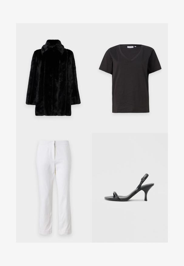 Patrizia Pepe Casaco de inverno - nero; T-shirt de algodão preto com decote em V e mangas curtas. Design simples com um corte regular e sem padrões ou detalhes.; Calças de algodão brancas com um design de perna reta, apresentando uma cintura de altura média e sem hardware ou padrões visíveis. Textura suave por toda a peça.; Sandálias de salto alto em couro preto com um salto curvado e fino e um design de tiras cruzadas. Correia ajustável no tornozelo. Textura suave.