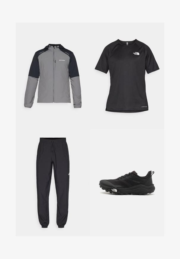 Gray jacket with black sleeves, zip front, hood, and Columbia logo. Features reflective accents and a lightweight, textured fabric.; Black short-sleeve athletic shirt with a textured fabric, featuring a white logo on the left chest and a straight hem.; Black athletic pants made from lightweight fabric, featuring a drawstring waistband, side pockets, and tapered cuffs at the ankles.; Black trail running shoe with a textured upper, rubber sole, and reinforced toe cap. Features a padded collar and pull tab for easy wear.