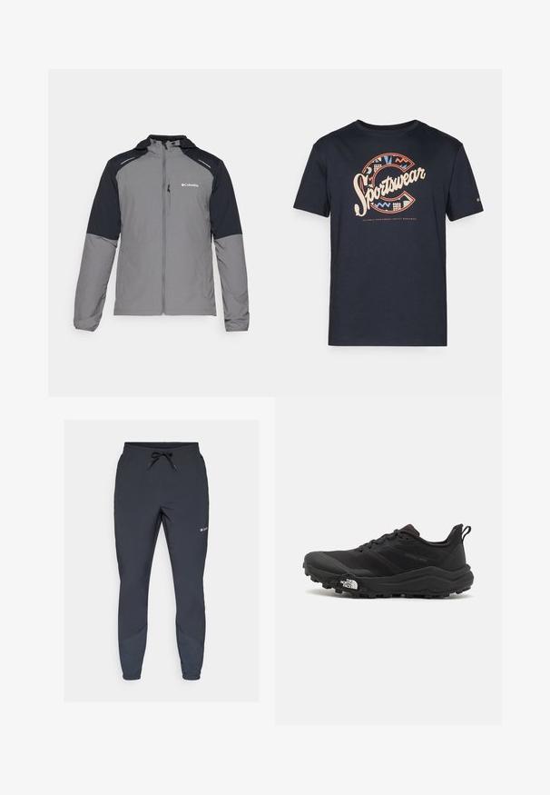 Grå jakke med svarte ermer, glidelås foran, hette og Columbia-logo. Har reflekterende detaljer og et lett, teksturert stoff.; Marineblå bomulls t-skjorte med en stor, fargerik "Sportswear" grafikk med geometriske mønstre og bokstaven "C" på forsiden.; Sorte lette joggebukser med elastisk liv og justerbar snor. Har tapered ben og sidestykker i en mørkere nyanse.; Svart terrengløpesko med teksturert overdel, gummisåle og forsterket tåhette. Har polstret krage og løftestropp for enkel påkledning.