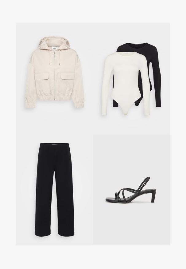 Gaiši bejžs saīsināts jakas ar kapuci, priekšējo rāvējslēdzēju un divām lielām atloka kabatām. Iezīmē elastīgas aproces un jostas, kas nodrošina regulējamu piegulšanu.; Divi garo piedurkņu bodijs baltā un melnā krāsā. Izgatavoti no gludas auduma, ar apaļām kakla izgriezumiem un stringa apakšdaļu, lai nodrošinātu plūstošu valkāšanu.; Melna platā kāju bikses ar elastīgu jostu. Izgatavotas no teksturēta materiāla, ar brīvu piegriezumu un taisnu griezumu no gurniem līdz apakšmalai.; Melnas strappy sandales ar kvadrātveida purngaliem un zemu bloku papēdi. Ievērojamas ar vairākiem plāniem siksniņām un regulējamu potītes siksniņu. Izgatavotas no gludas ādas.