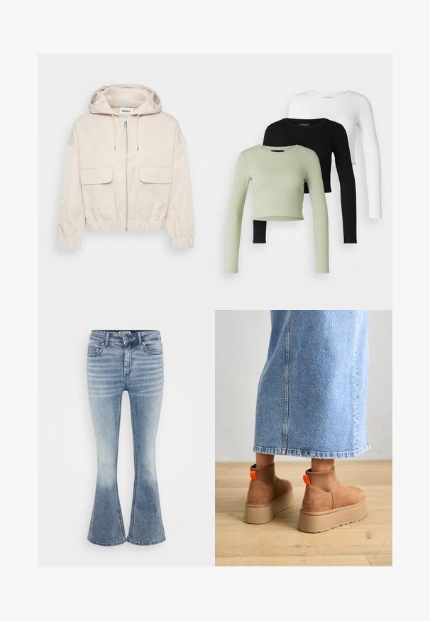Ljust beige kort jacka med huva, framdragkedja och två stora fickor med lock. Har elastiska ärmslut och midja för justerbar passform.; Even&Odd Petite 3 PACK - Långärmad tröja - black/white/light green; Ljusblå utsvängda jeans gjorda av denim, med en klassisk femficksdesign, frontdragkedjestängning och subtil blekningen längs låren.; Bruna mockakängor med plattform och elastiska sidopaneler samt orange dragflikar, till kombinerade med en knälång ljus denimkjol på ett trägolv.