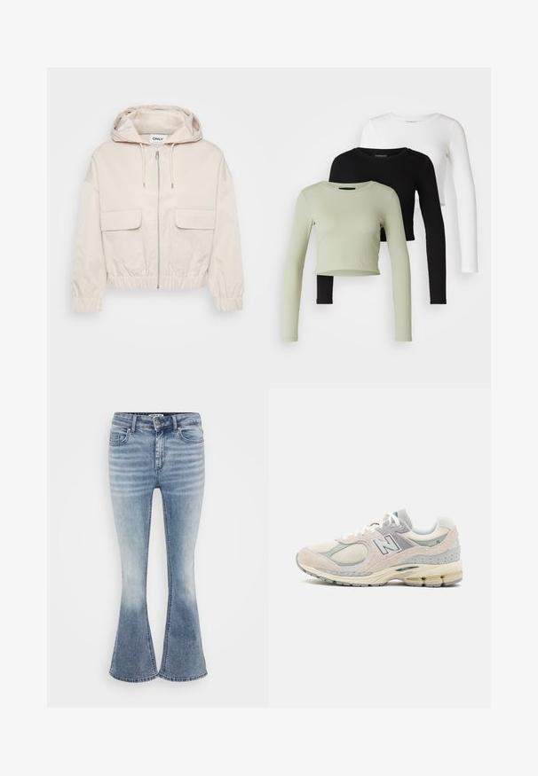 Light beige cropped jacket with a hood, front zipper, and two large flap pockets. Features elasticized cuffs and waistband for adjustable fit.; Even&Odd Petite 3 PACK - Long sleeved top - black/white/light green; Light blue flared jeans made of denim, featuring a classic five-pocket design, front zip closure, and subtle fading along the thighs.; Light gray and tan New Balance sneaker with suede and mesh material, padded collar, thick sole, and reflective accents. Laced design.