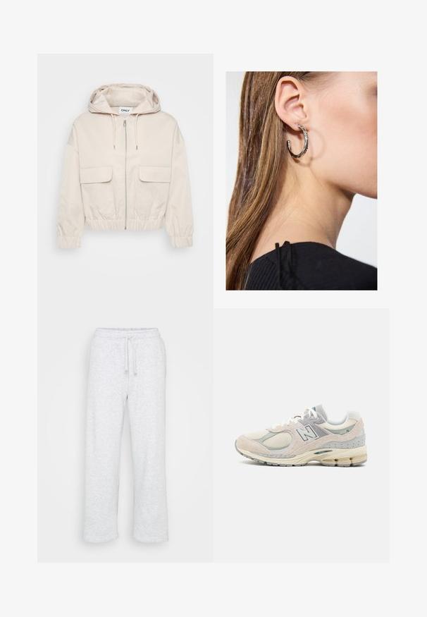 Jachetă croită bej deschis, cu glugă, fermoar frontal și două buzunare mari cu clapetă. Prezintă manșete și un brâu elastic pentru o ajustare confortabilă.; Even&Odd Petite 3 PACK - Bluză cu mânecă lungă - black/white/light green; Pantaloni de trening din bumbac gri deschis, cu talie elastică și șnur, croi drept, fără logo-uri sau modele vizibile.; Adidași New Balance de culoare gri deschis și bej, confecționați din material din suede și plasă, cu guler îmblănit, talpă groasă și accente reflectorizante. Design cu șireturi.; Cercel din argint cu un finisaj polișat, având detalii mici din aur și o formă rotundă, purtat pe lobul urechii.