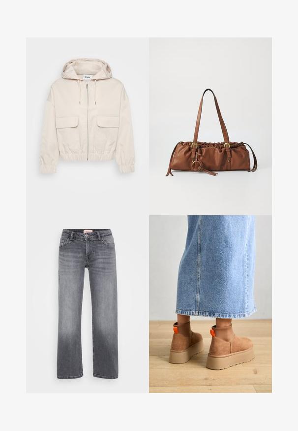 Light beige cropped jacket with a hood, front zipper, and two large flap pockets. Features elasticized cuffs and waistband for adjustable fit.; Even&Odd Petite 2 PACK - Top - light grey/black; Gray denim jeans with a straight leg design, five-pocket style, subtle fading, and a button closure at the waist.; Brown suede platform boots with elastic side panels and orange pull tabs, paired with a knee-length light denim skirt on a wooden floor.; Brown leather handbag with gathered top, adjustable straps, and metal accents. Features a round braided detail on the side.; Silver hoop earring with a polished finish, featuring small gold accent details and a round shape, worn on the lobe.