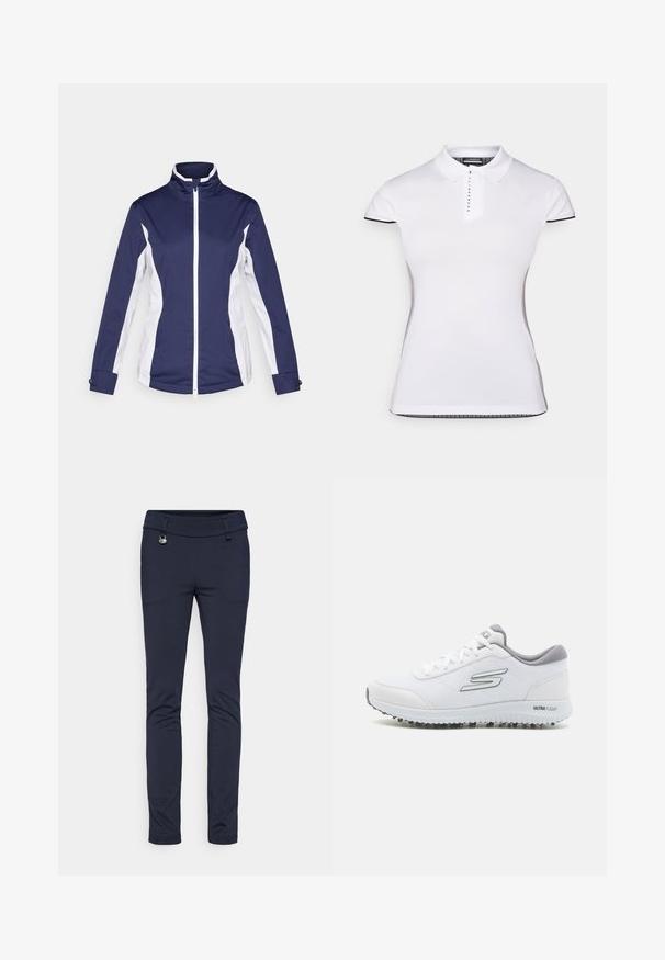 Mørkeblå treningsjakke med hvite sidestriper, hel glidelås, ståkrage og lange ermer. Laget av lett, glatt stoff.; Hvit polo skjorte med korte ermer, krage og knappestolpe foran. Svart detaljer på ermene og sidesømmer. Myk, glatt tekstur.; Mørkeblå skreddersydde bukser laget av elastisk stoff, med en glatt tekstur, detaljer med frontlommer og en metallknapp som pynt.; Hvite joggesko med et teksturert mesh-overdel, sølvfargede detaljer og en lett såle med små grep-studser, merket "ULTRA FLIGHT."
