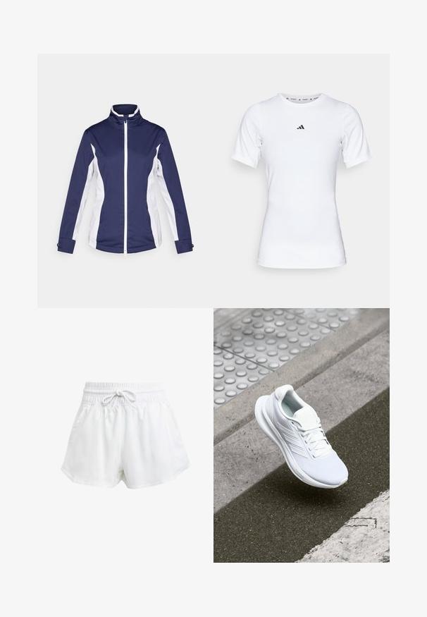 Temno modra športna jakna z belimi stranskimi paneli, celotnim zadrgo, stoječim ovratnikom in dolgimi rokavi. Narejena iz lahkotnega, gladkega materiala.; Bela športna majica s kratkimi rokavi, narejena iz gladkega, elastičnega materiala. Na prsih ima majhen črn logotip Adidas.; Bela športna kratka hlače z elastičnim pasom in nastavljivim vrvico. Narejena iz lahkega materiala, z bočnimi žepi in ohlapnim prilegajočim se krojem.; Bela športna čevelj z zgornjim delom iz mrežastega materiala, vezalnim oblikovanjem in teksturiranim podplatom. Opazne so subtilne znamke in brezšivne konstrukcijske podrobnosti.