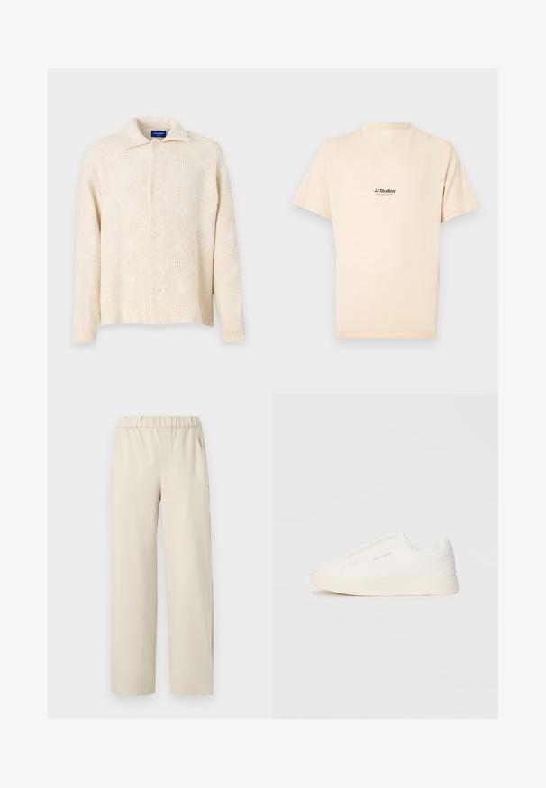 Bež košulja na gumbe od teksturiranog materijala, s dijamantnim uzorkom i klasičnom kragnom. Četiri gumba duž prednje strane.; Kratka majica s rukavima, krem boje, izrađena od pamuka s okruglim izrezom. Na prsima je mali crni logo.; Bež hlače širokih nogavica s elastičnim pojasom, izrađene od mekog materijala. Imaju glatku teksturu i bez vidljivih uzoraka ili hardvera.; Bijele slip-on tenisice s teksturiranom površinom, debelim đonom i minimalističkim dizajnom. Sadrže logo branda sa strane.