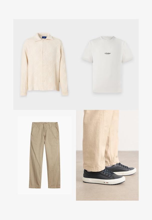 Bež srajca s gumbi, izdelana iz teksturiranega blaga, z diamantskim vzorcem in klasičnim ovratnikom. Štirje gumbi na sprednji strani.; Bela bombažna majica s kratkimi rokavi, ki na prsih nosi črni logotip "JJ Studios". Ima krožni ovratnik in standardno prileganje.; Bežne bež hlače ravnega kroja z zanko za pas, sprednjim gumbom in zadrgo ter bočnimi žepki.; Temno modri športni čevlji z gladkim usnjenim zgornjim delom, belim gumijastim podplatom in podrobnim vezanjem. Ujemajo se z bež, ohlapnimi hlačami.