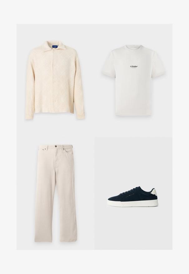 Beige button-up shirt van textuurstof, met een ruitpatroon en een klassieke kraag. Vier knoppen aan de voorkant.; Witte katoenen t-shirt met korte mouwen, voorzien van een zwart "JJ Studios" logo op de borst. Ronde hals en een standaard pasvorm.; Beige corduroy broek met een recht model, voorzien van een geribbelde textuur, vijf zakken en een knoopsluiting.; Marine blauwe suède sneaker met witte rubberen zool, ronde neus en contrasterende hielband; heeft ton-sur-ton veters en een logo-detail aan de zijkant.
