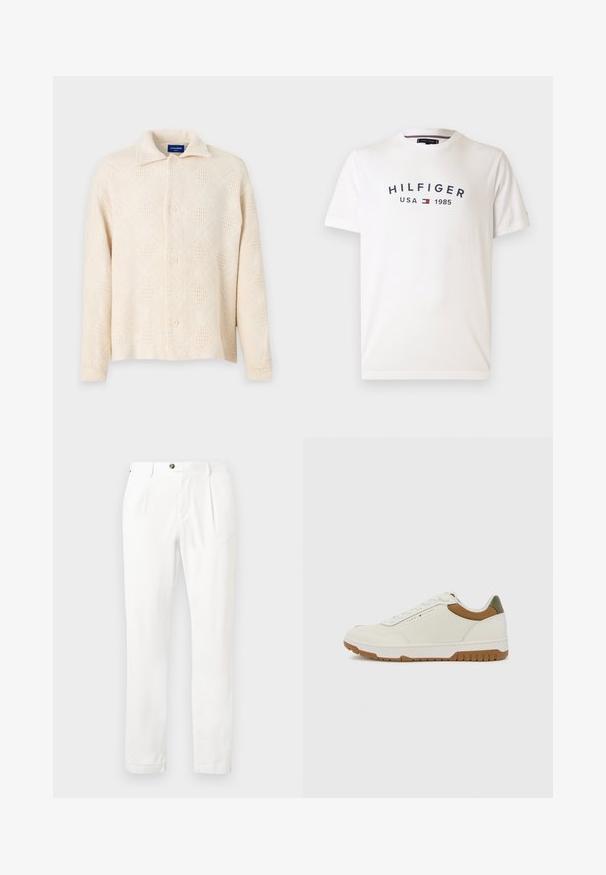 Beżowa koszula zapinana na guziki, wykonana z teksturowanej tkaniny, z diamentowym wzorem i klasycznym kołnierzykiem. Cztery guziki z przodu.; Biała bawełniana koszulka z okrągłym dekoltem, krótkimi rękawami i centralnym logo z napisem "HILFIGER USA 1985" w granatowym kolorze z czerwonym i niebieskim emblematem.; Białe spodnie z płaskim przodem, dwiema zakładkami i zapięciem na guzik. Wykonane z lekkiego materiału, z prostymi nogawkami i podwiniętymi mankietami.; Tommy Hilfiger - Sneakersy niskie