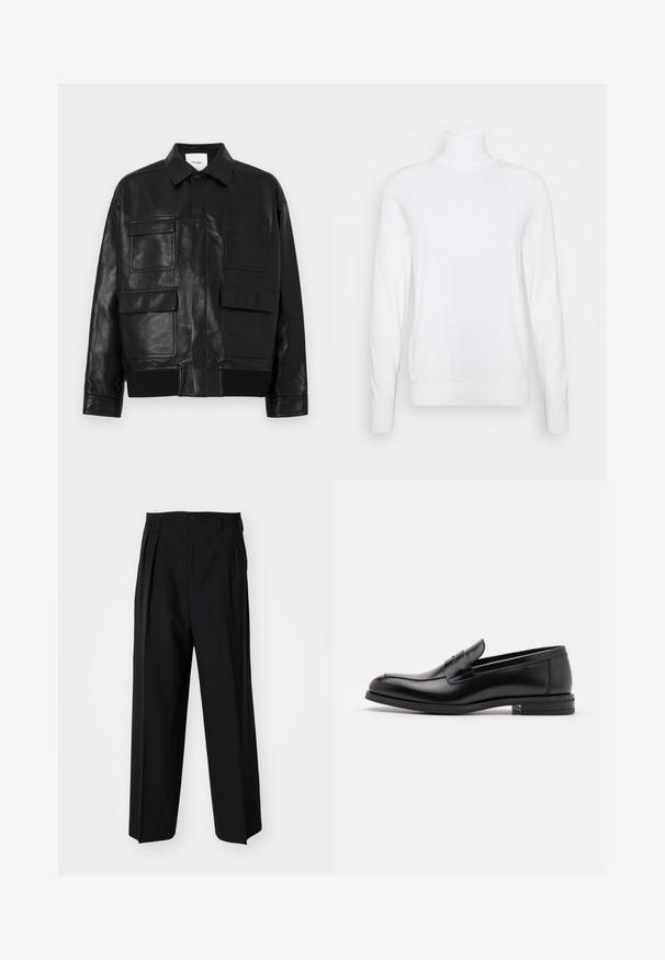 Čierna faux kožená bunda s golierom, predným zapínaním na cvoky, rebrovaným lemom a štyrmi veľkými vreckami s klapkou a nášivkami na prednej strane.; Biely rolák s dlhými rukávmi, vyrobený z hladkej tkaniny. Má priliehavý strih a rebrované manžety a lem. Bez vzorov a akcentov.; Čierne skladané nohavice s rovnom, širokým strihom. Vyrobené z hladkého materiálu, s gombíkovým zapínaním a pútkami na opasok.; Čierne kožené mokasíny s hladkou textúrou, zaoblenou špičkou a dekoračným pásikom cez priehlavok. Nízky vrstvený opätok, minimalistický dizajn.