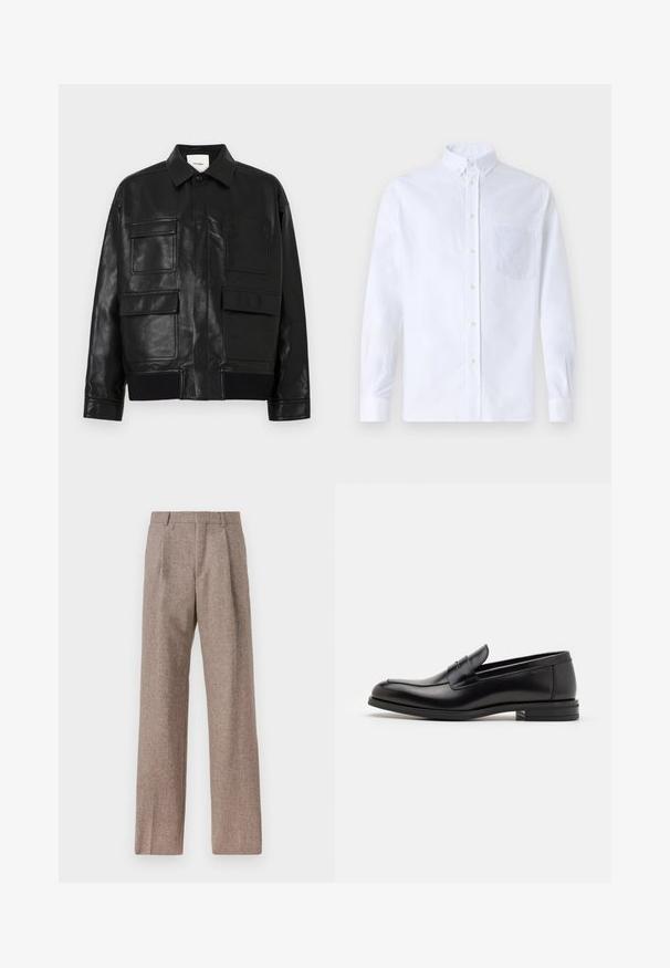 Schwarze Kunstlederjacke mit Kragen, Frontdruckknopf, geripptem Saum und vier großen Klappen- und Aufsetztaschen auf der Vorderseite.; Weißes Langarm-Hemd mit Knöpfen aus Baumwolle, ausgestattet mit einer Brusttasche mit tonalem Stickerei, einem Kragen und Knopfmanschetten.; Braune, hochtaillierte Hose aus strukturiertem Stoff. Mit weitem Bein und zwei vorderen Bügelfalten für zusätzliche Form. Saubere Verarbeitung ohne sichtbare Hardware.; Schwarze Lederloafers mit glatter Textur, rundem Zehenbereich und einem dekorativen Riemen über dem Vorderfuß. Niedriger, gestapelter Absatz, minimalistisches Design.