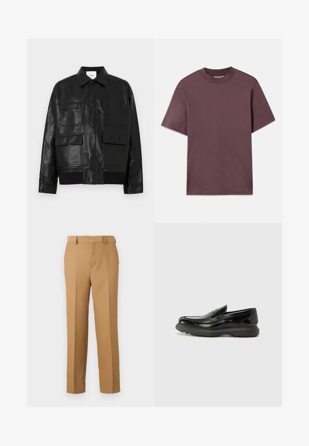 Must märg faux nahast jope, millel on krae, ees nupud, ribakäär ja neli suurt klapiga taskut ees.; Lühikeste varrukatega, ümar kaelusega t-särk tumelillas, pehmest puuvillast. Esifaasil on minimaalne bränding samas värvitoonis.; Beige dressipüksid, mis on valmistatud kootud kangast, sirge lõikega, lapikud ees ja vöökohaga silmad. Sujuv tekstuur, ilma nähtavate mustriteta.; Must musta nahk loafer läikiva viimistlusega, ümar varvas, delikaatsed õmblusdetailid ja paks kummist tallad vastupidavuse tagamiseks.