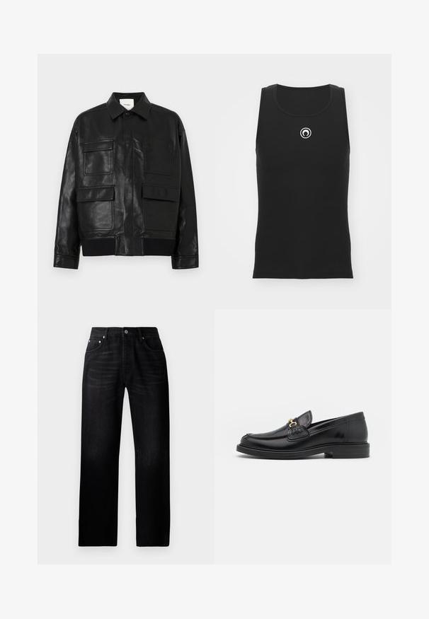 Black faux leather jacket with a collar, front snap button, ribbed hem, and four large flap and patch pockets on front.; Black ribbed tank top with a round neckline and a circular logo in white at the chest; features a fitted design.; Black straight-leg jeans made of denim with a faded texture, five-pocket design, and a metal button closure at the waistband.; Black leather loafers with a rounded toe, featuring gold hardware accent and stitching detail, set on a low, textured rubber sole.
