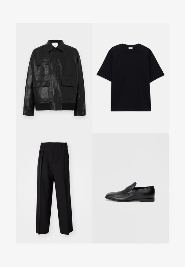 Čierna faux kožená bunda s golierom, predným zapínaním na cvoky, rebrovaným lemom a štyrmi veľkými vreckami s klapkou a nášivkami na prednej strane.; Čierne nadrozmerné tričko s krátkym rukávom a okrúhlym výstrihom, s viditeľnou značkovou etikou Filippa K vo vnútri goliera.; Čierne skladané nohavice s rovnom, širokým strihom. Vyrobené z hladkého materiálu, s gombíkovým zapínaním a pútkami na opasok.; Čierne kožené poltopánky bez šnúrok s ostrou špičkou, hladkou textúrou a diskrétnym logom na boku. Nízky podpätok s čistým, minimalistickým dizajnom.