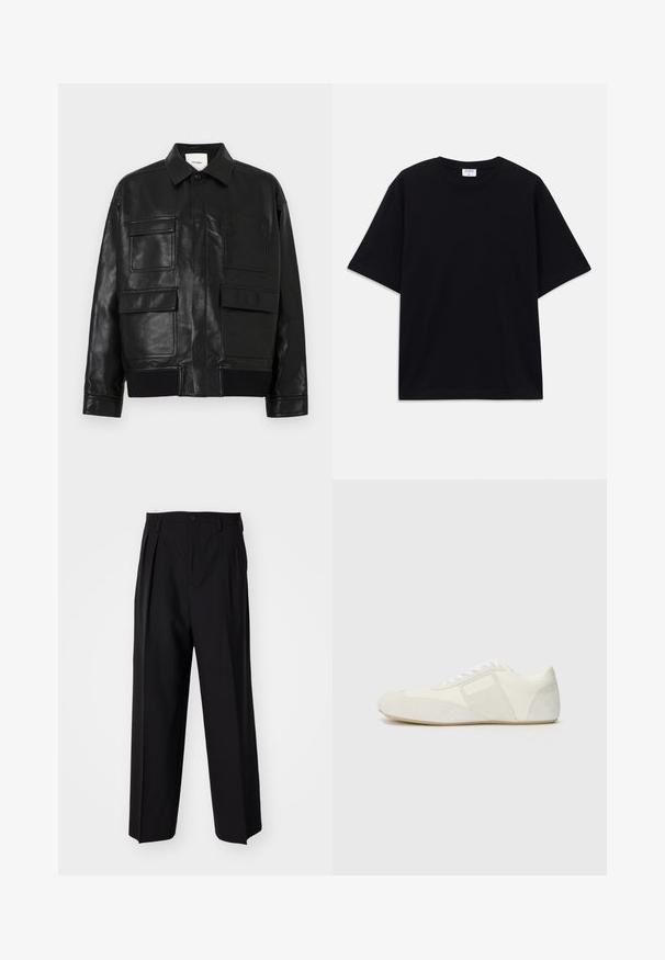 Zwarte neplederen jas met een kraag, voorste drukknoop, geribbelde zoom en vier grote klep- en opgestikte zakken aan de voorkant.; Zwarte oversized T-shirt met korte mouwen en ronde hals, met zichtbaar Filippa K merkelabel aan de binnenkant van de kraag.; Zwarte geplooide broeken met een rechte, brede pijpontwerp. Gemaakt van soepele stof, met een knoopsluiting en riemlussen.; Witte sportieve schoen met een slank ontwerp, voorzien van een suède teenkap, leren panelen en contrasterende textuuraccenten. Vlakke rubberen zool.