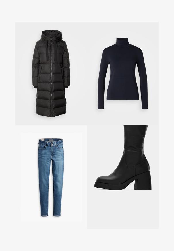 Juodas pūkuotas ilgas paltas su gobtuvu, kuriame yra priekinis užtrauktukas, dvi šoninės kišenės ir raukiniai ant rankovių. Lygus paviršius su horizontaliais segmentais.; Jūrinis turtlenckas ilgomis rankovėmis. Pagamintas iš minkštos medžiagos su lygiu paviršiumi. Turi prigludusį dizainą ir aukštą apykaklę be matomų siūlių.; Aukštos liemens, liesos džinsai šviesiai mėlynos spalvos. Yra penki kišenės, priekinis sagų uždarymas ir klasikinis siuvimo detalė visame džinsų paviršiuje.; Juoda odinė aulinukė iki blauzdų su masyviu blokiniu kulnu ir apvaliu pirštu, rodoma šoniniame profilyje ant balto fono.