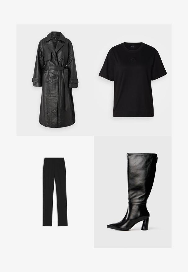 Black leather trench coat with a belt, wide collar, long sleeves, and a smooth texture. Features include a double-breasted design and knee-length fit.; Black cotton t-shirt with a crew neckline, short sleeves, and an embroidered logo on the chest. Simple, relaxed fit with no patterns.; Black tailored trousers with a straight-leg design, featuring front pockets and a smooth, textured fabric. Neat, minimal detailing.; Knee-high black leather boot with a pointed toe, smooth texture, and a chunky heel. Features a zipper detail at the back.